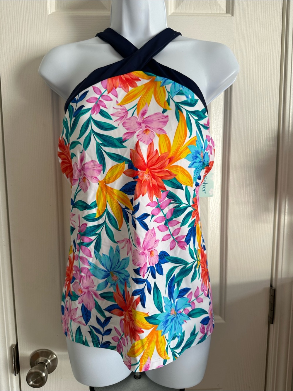 Longitude Multicolor Floral High Neck Tankini Top with Navy Trim